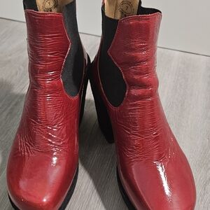 John Fluevog Red Patent Chelsea Block Heel Booties